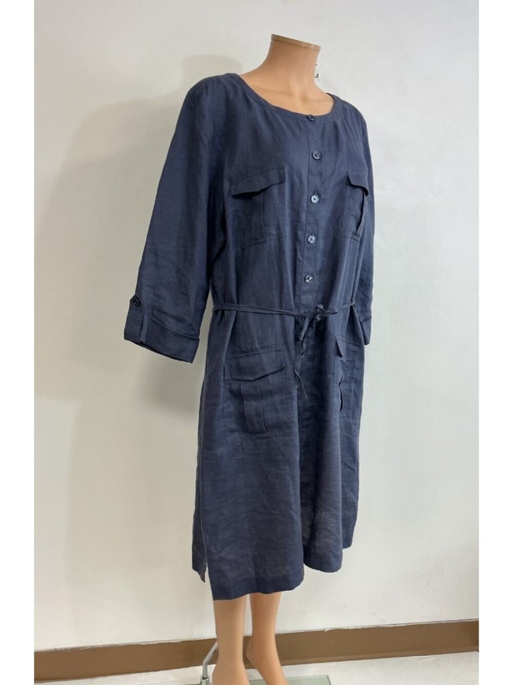 GO Silk Blue Linen Dress Pockets Womens XL